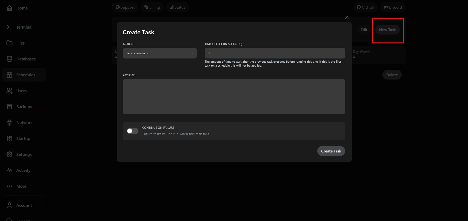 Add new task modal with options for command, backup and power actions.