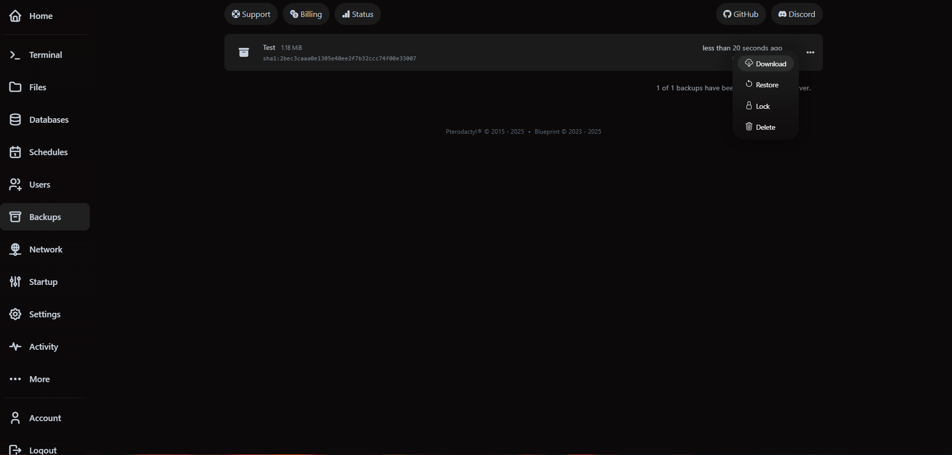 VaultScope backups list showing actions for download, restore and delete.