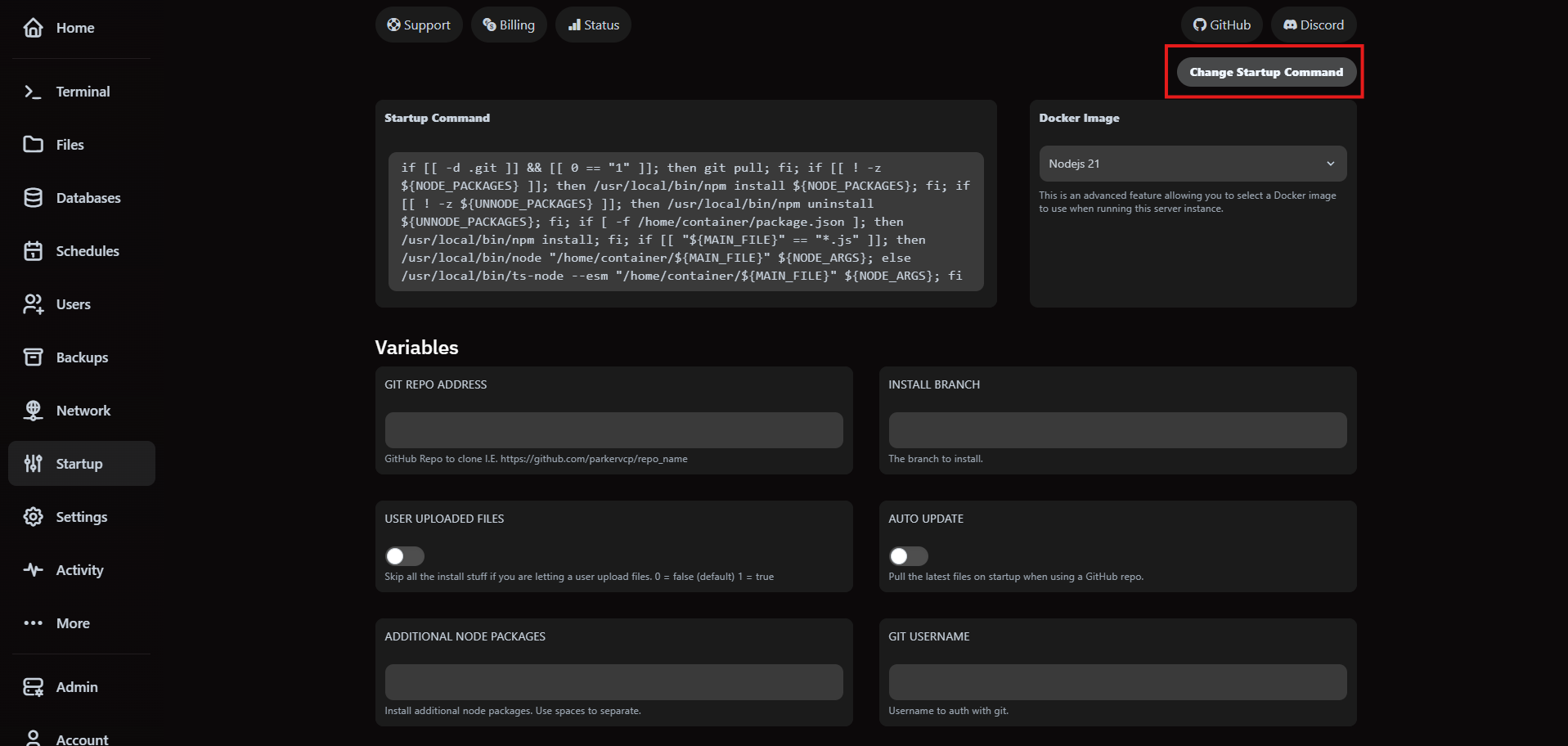 VaultScope server Startup tab highlighting the Change Startup Command button.