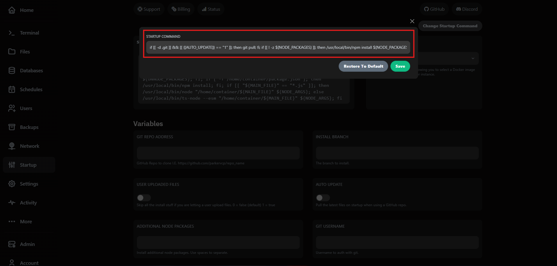 Startup command modal with the editable command text field highlighted.
