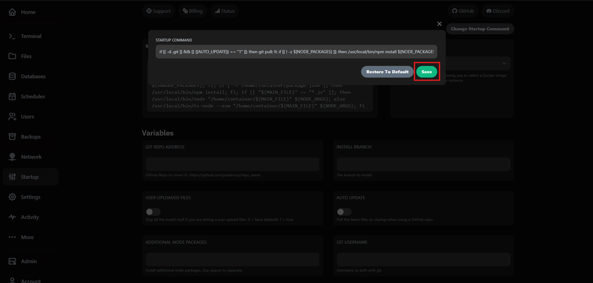Save button in the Startup command modal highlighted.