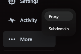 VaultScope server sidebar showing the Proxy option under the More menu.