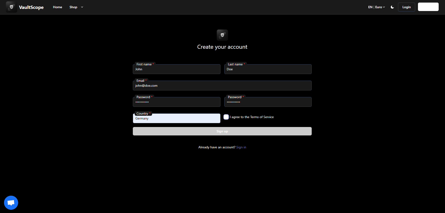 VaultScope billing account registration form.