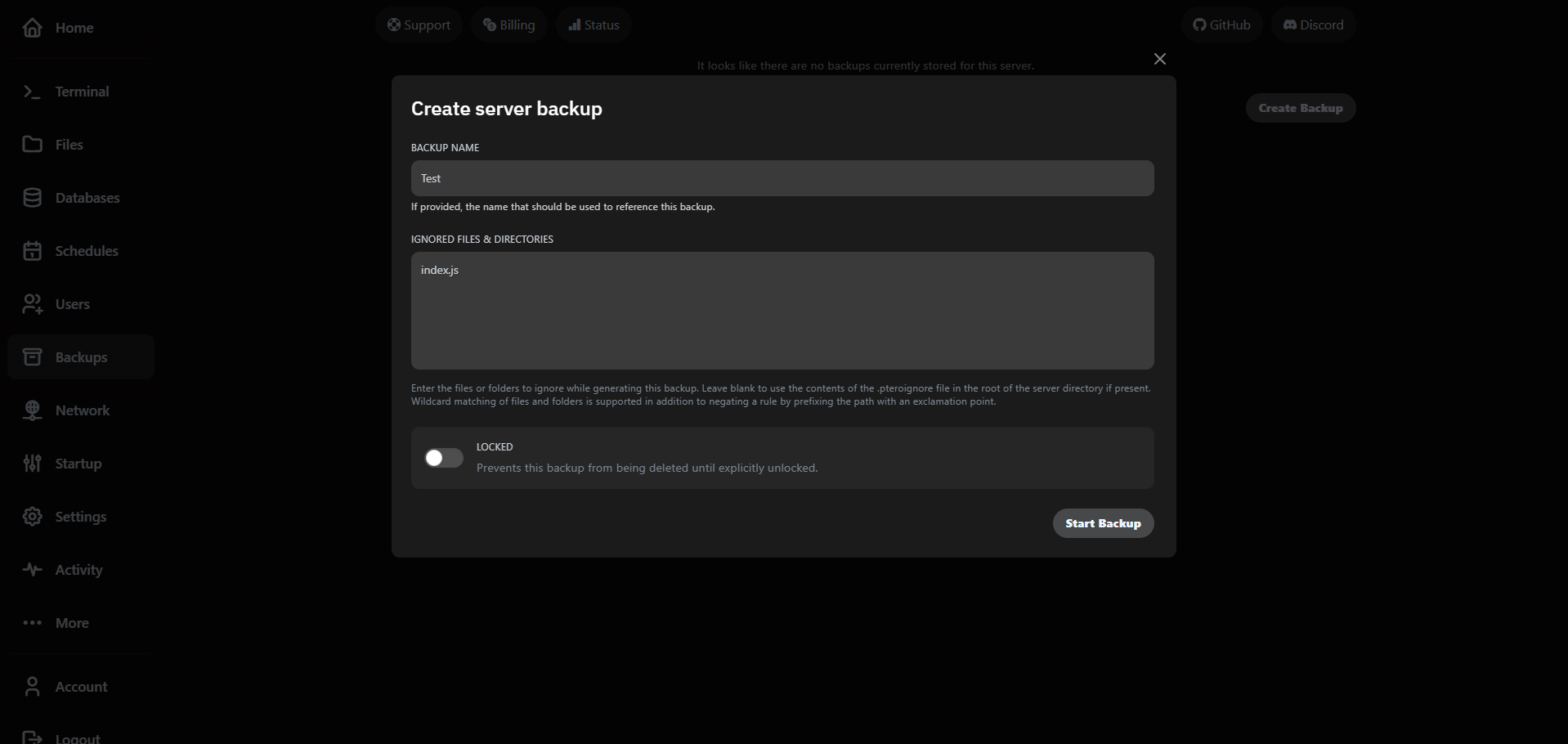 VaultScope backup modal prompting for a backup name.