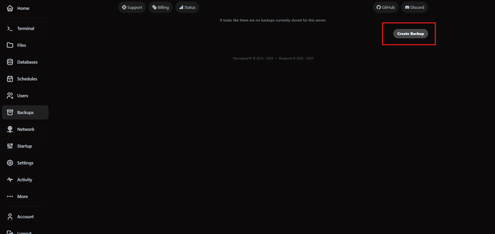 VaultScope backups list with the Create Backup button emphasized.