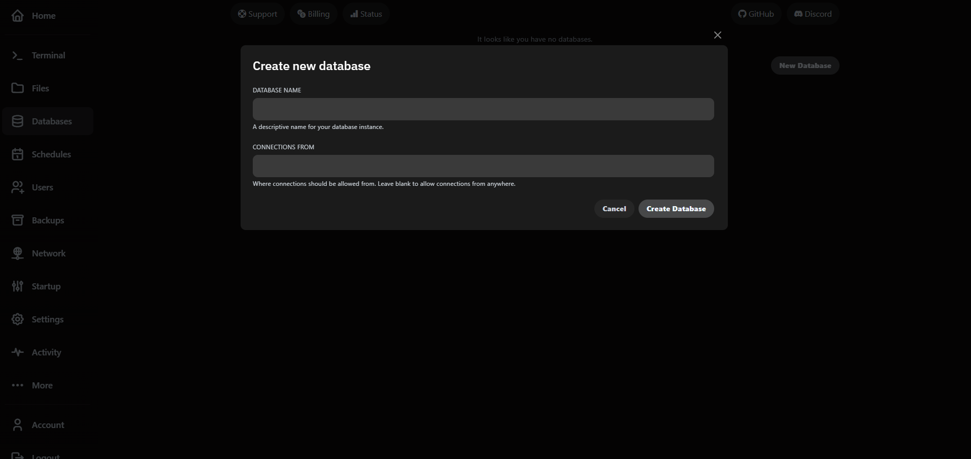 VaultScope create database modal with fields for name and allowed connections.