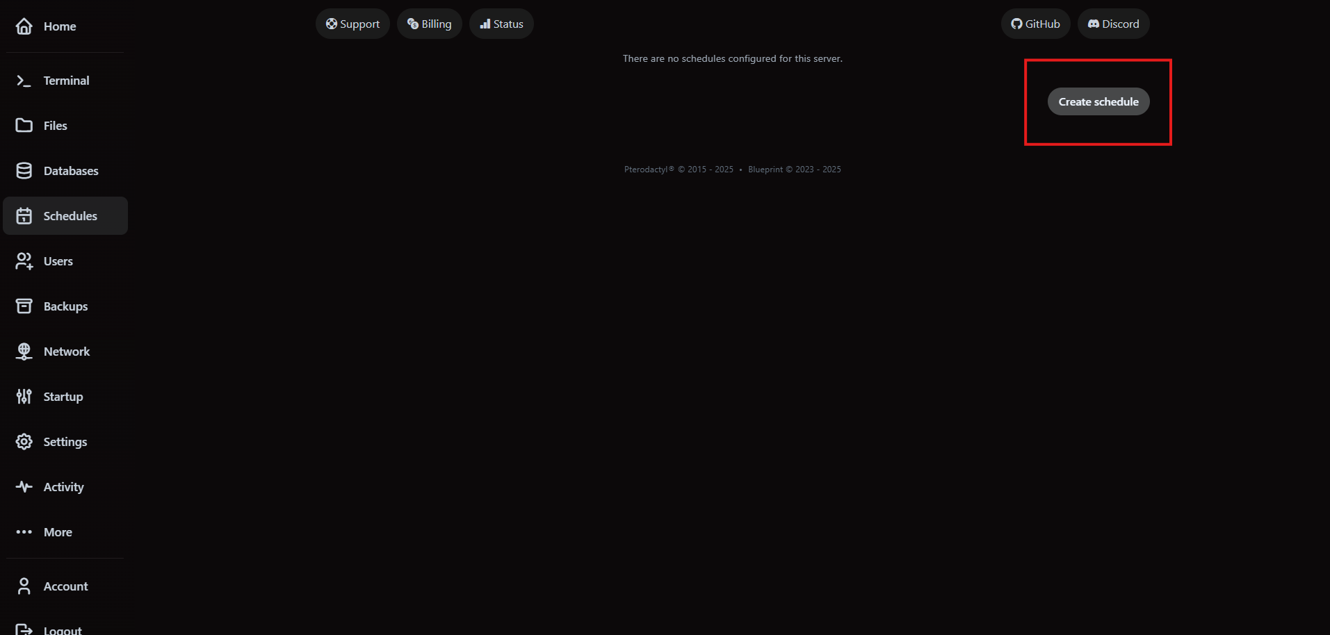 Create new schedule button inside the VaultScope schedules tab.