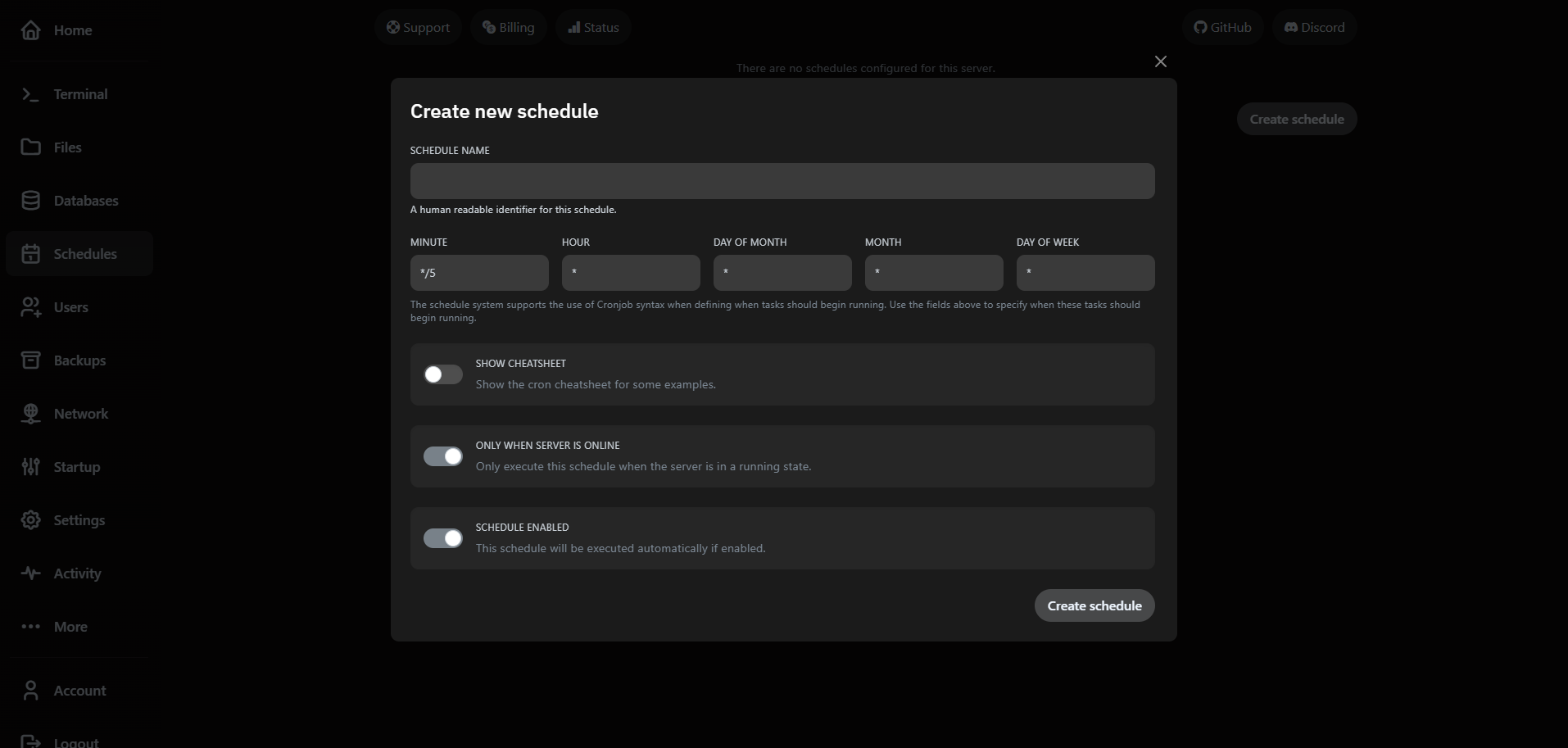 VaultScope schedule creation modal with timing options.