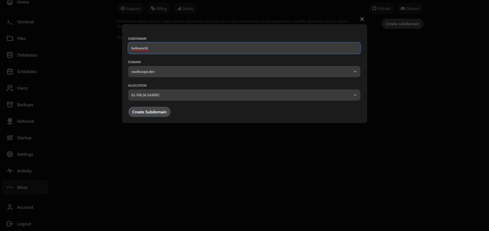 VaultScope subdomain creation modal with allocation selector.