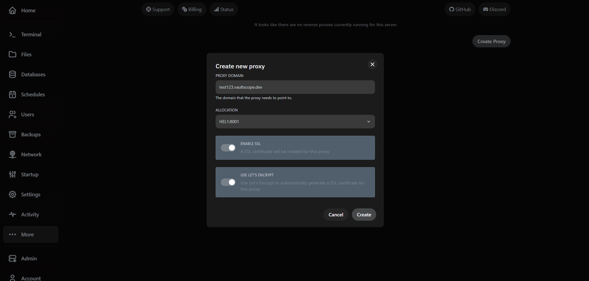 Reverse proxy creation modal with domain, allocation and SSL options.