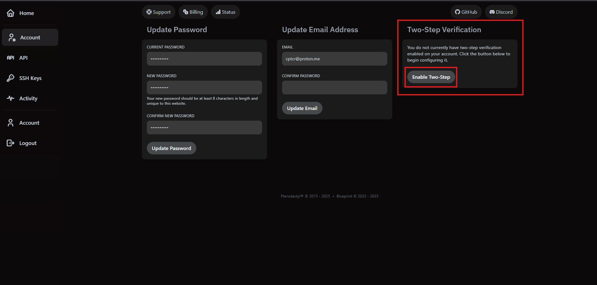 VaultScope account page highlighting the Enable 2FA button.
