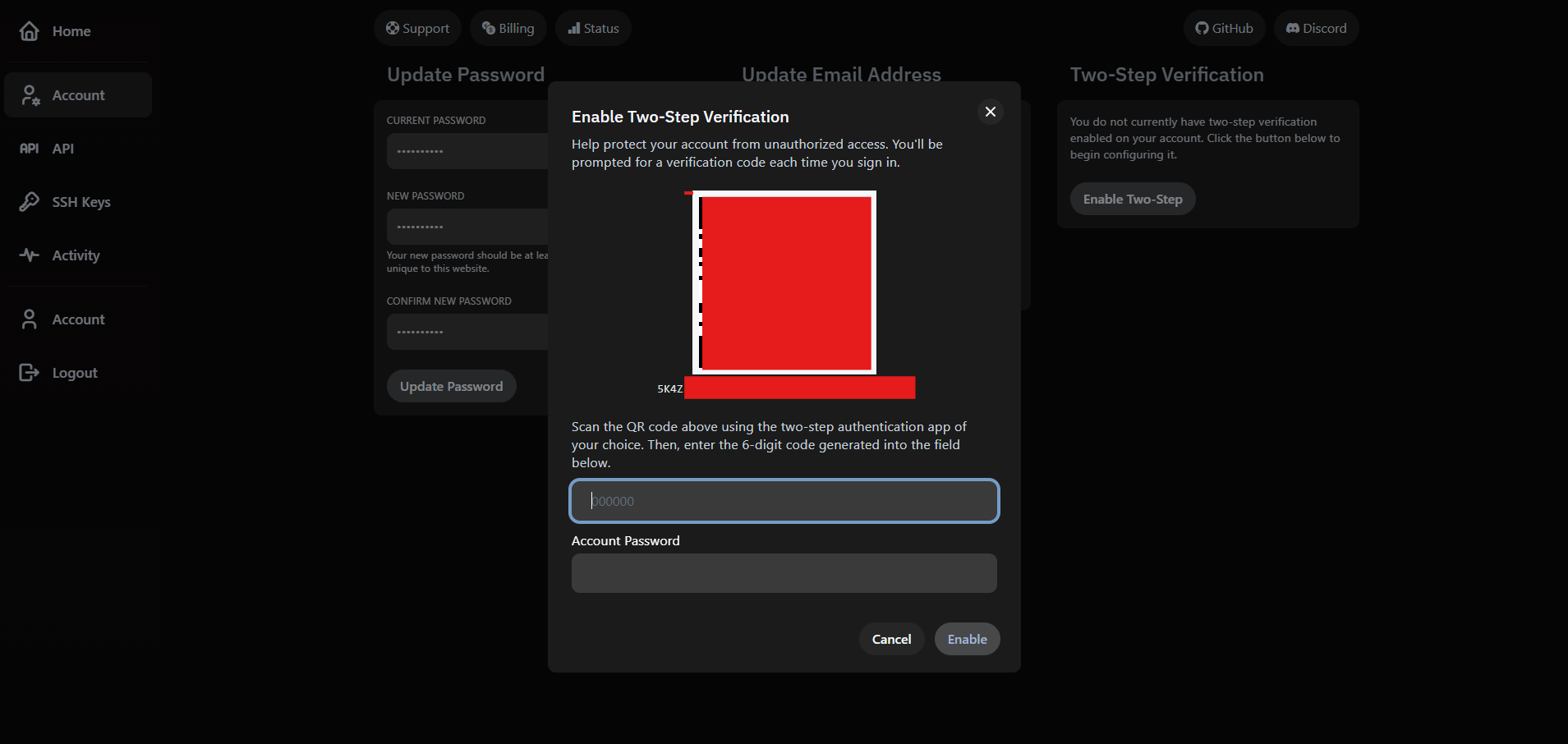 VaultScope modal guiding the user through two-factor authentication setup.