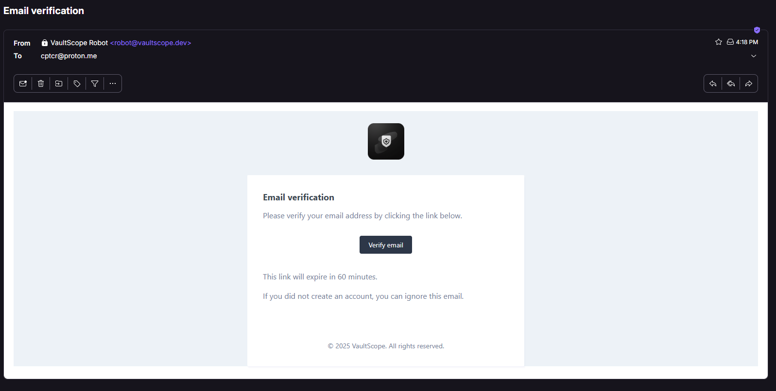 Example VaultScope verification email with the confirmation button.