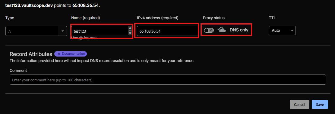 Cloudflare DNS configuration showing an A record without the proxy (gray cloud).