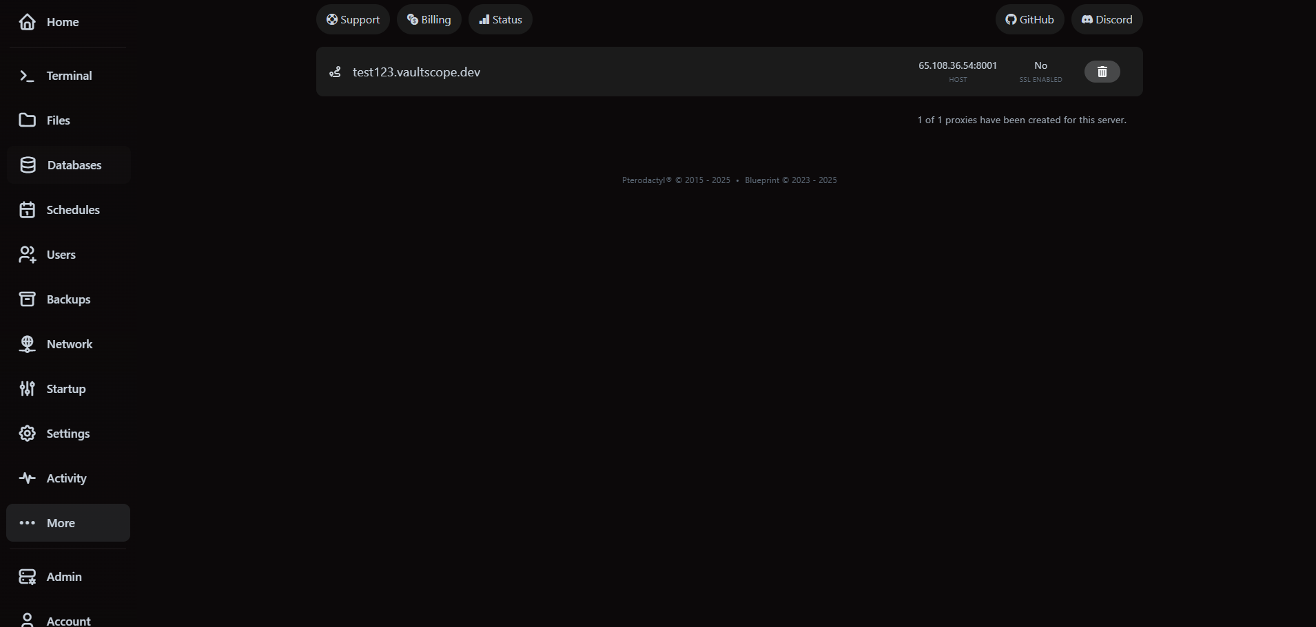 Reverse proxy list showing an active proxy with SSL enabled.