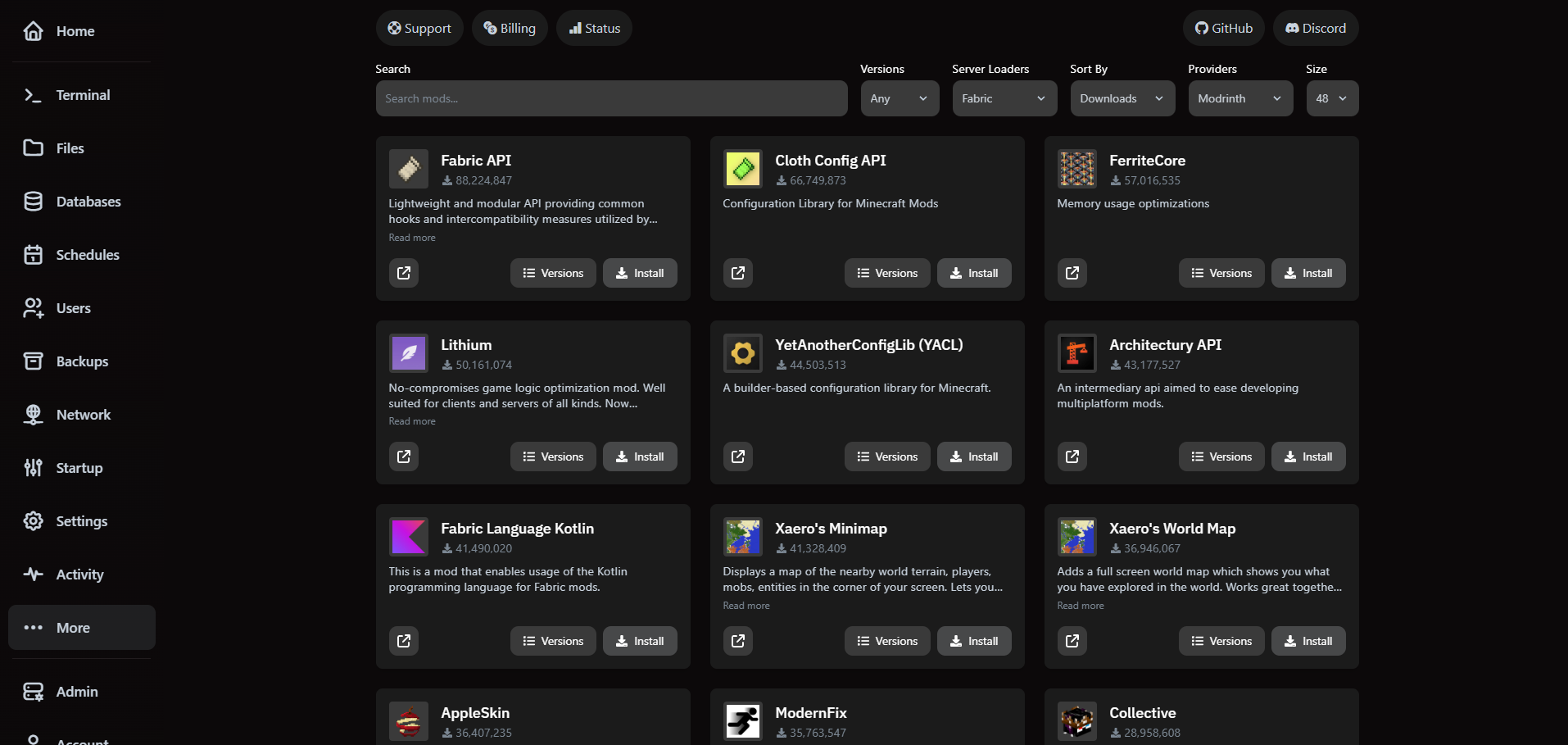 VaultScope Mods Installer results showing filters for loader, provider and version.