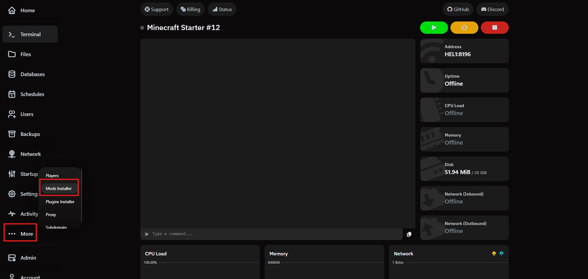 VaultScope control panel showing the Mods Installer option inside the More menu.