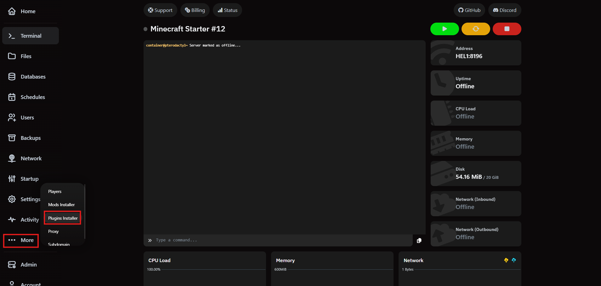 VaultScope server sidebar highlighting the Plugins Installer entry beneath the More section.