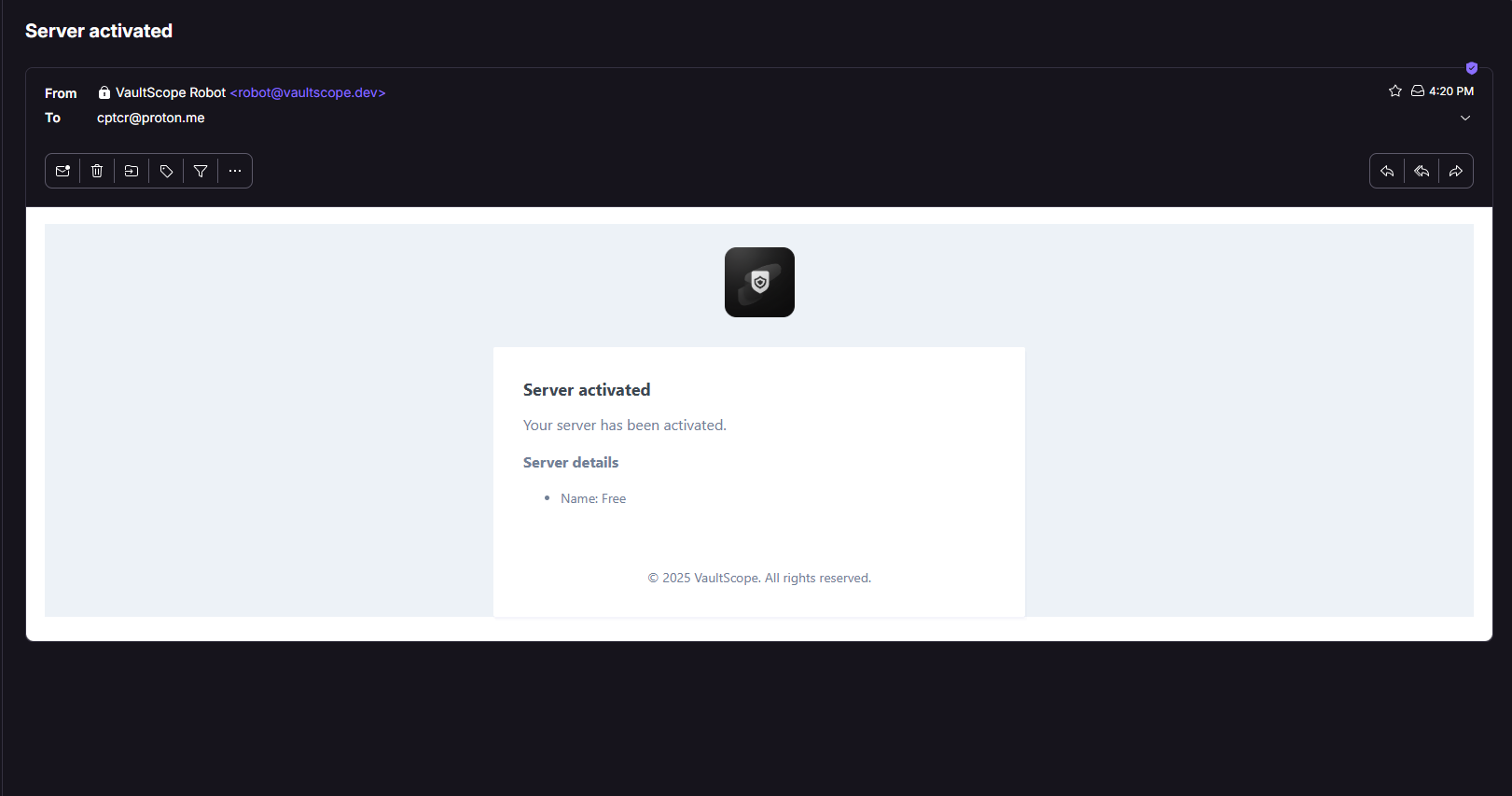 VaultScope order confirmation view with order details and invoice download options.
