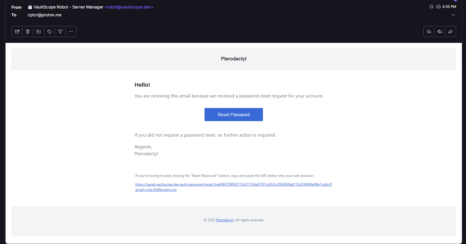 VaultScope password reset email containing the reset button.