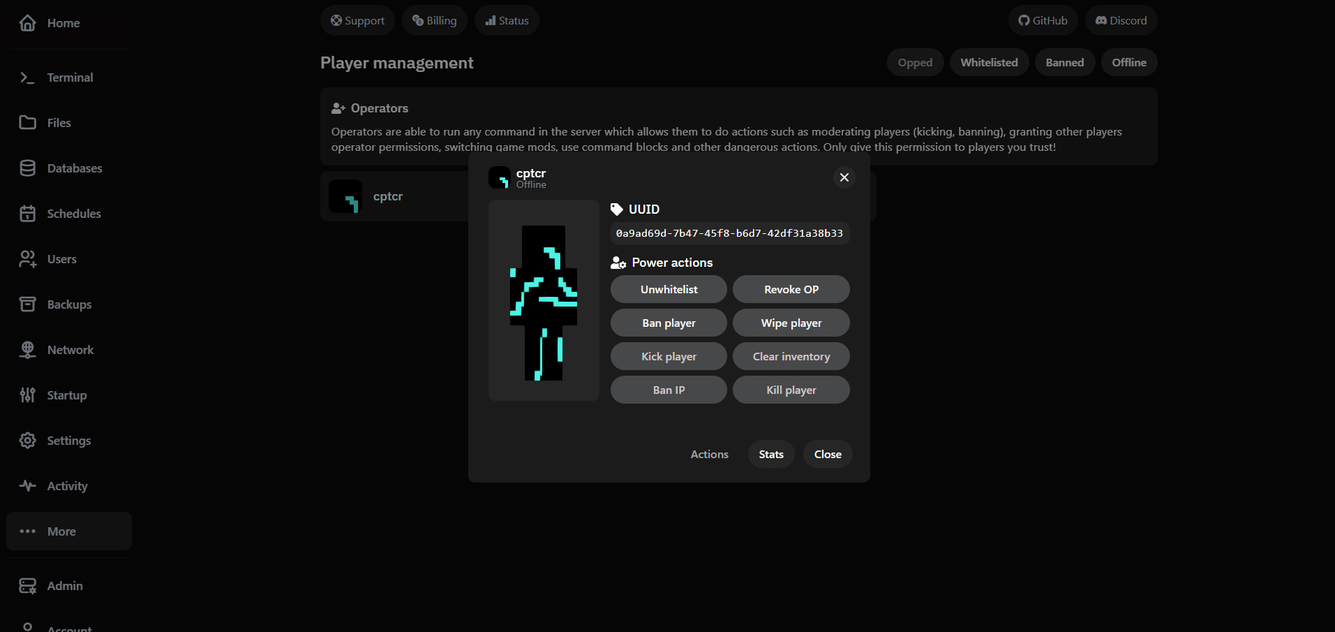 VaultScope player detail modal showing avatar preview and moderation controls like ban, kick and clear inventory.