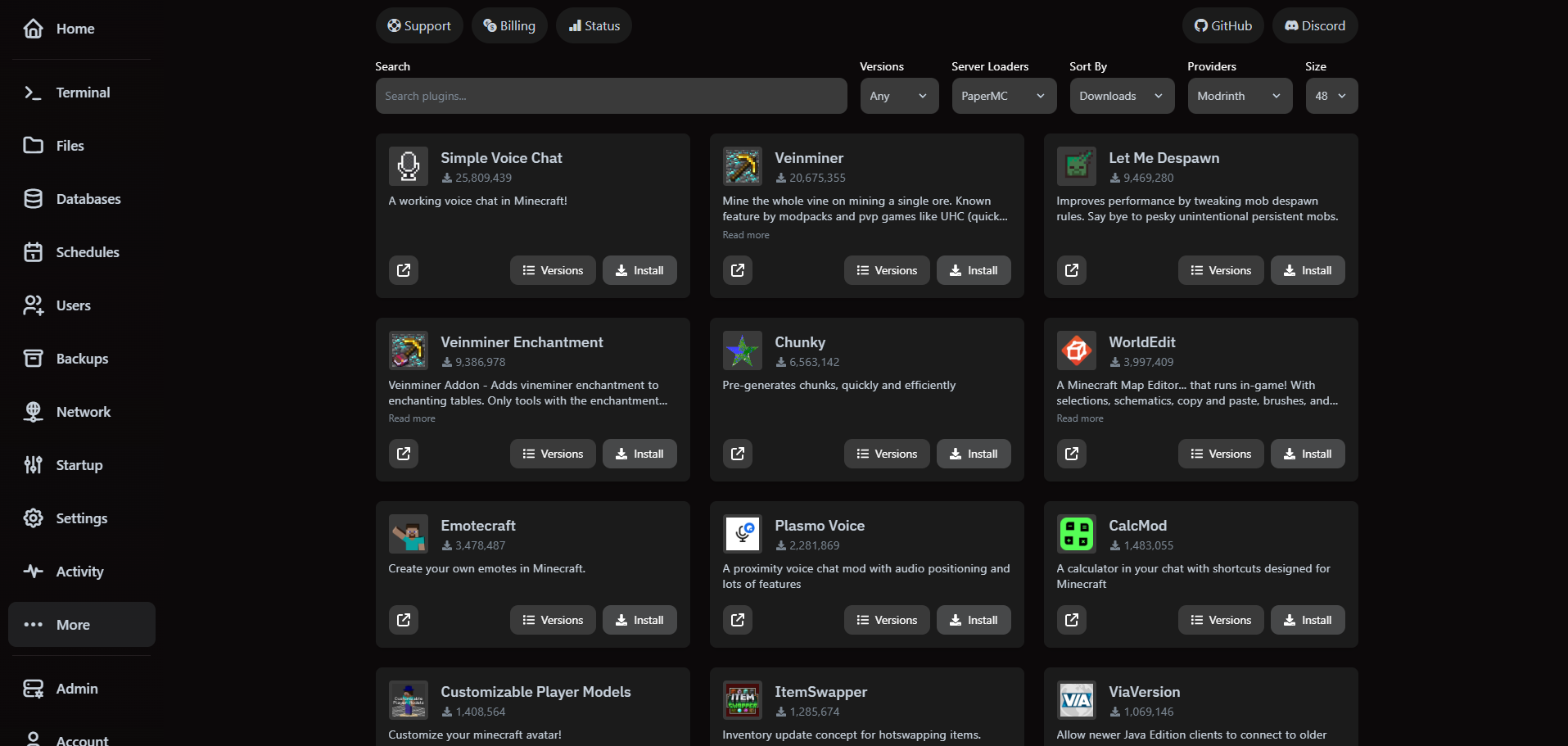 VaultScope Plugin Installer catalog showing filters and Install buttons for each plugin.