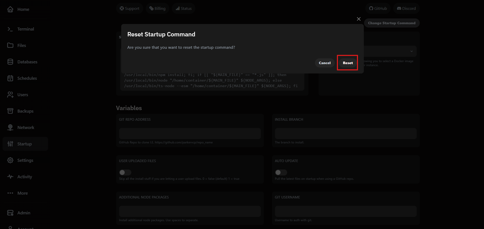 Confirmation dialog showing the Reset button after choosing Restore to Default.