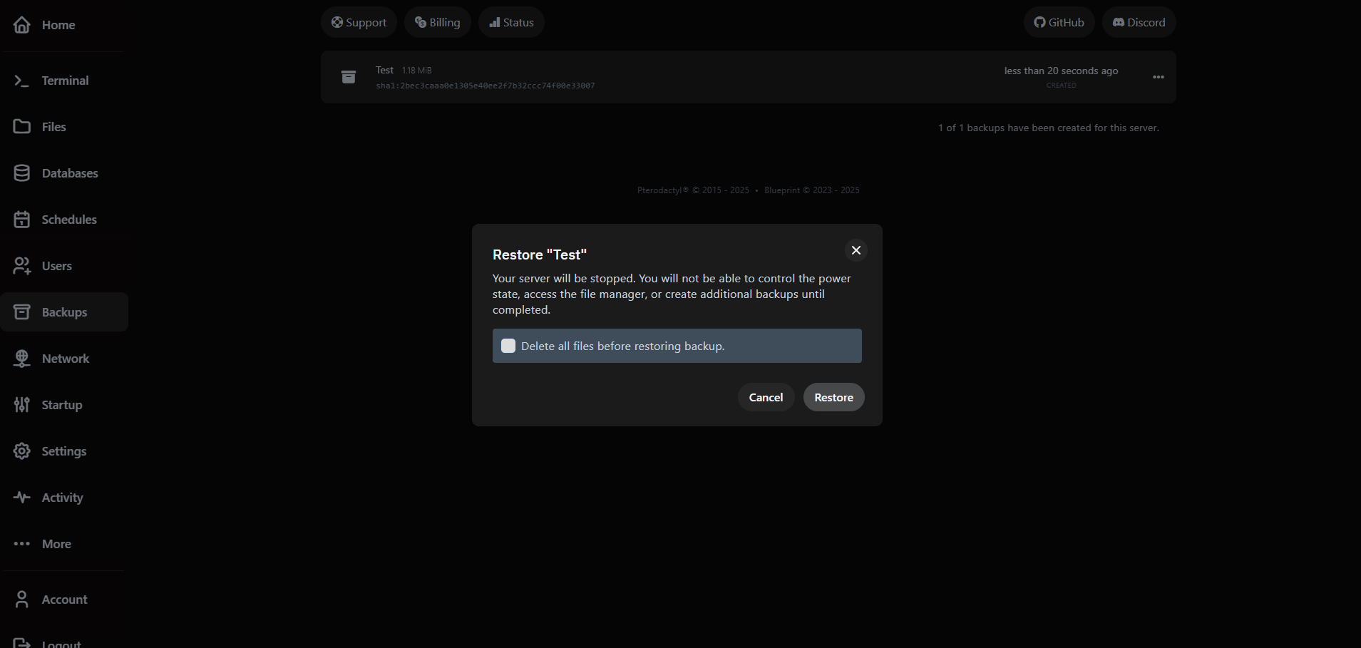 VaultScope restore backup modal prompting for confirmation.