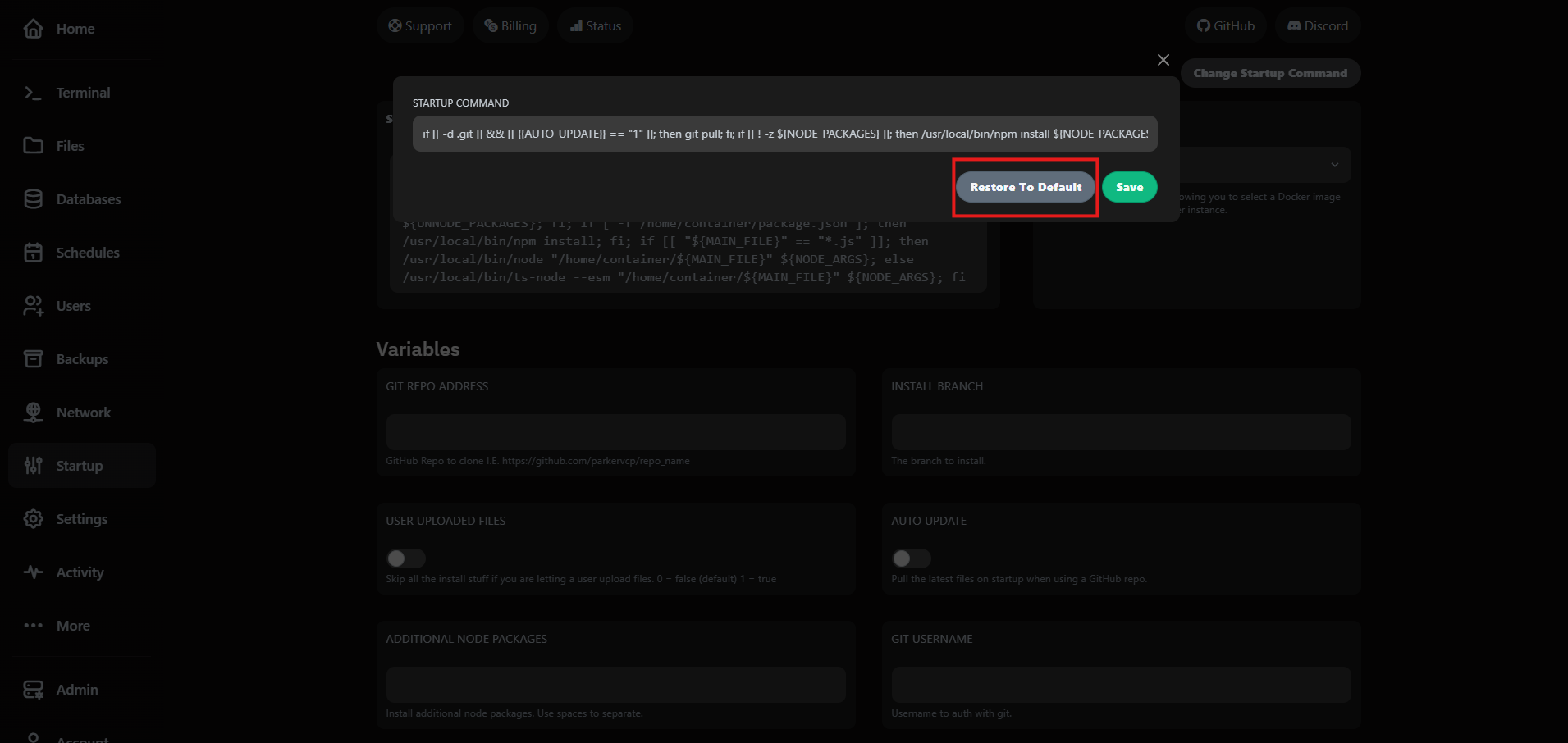 Restore to Default button highlighted inside the Startup command modal.