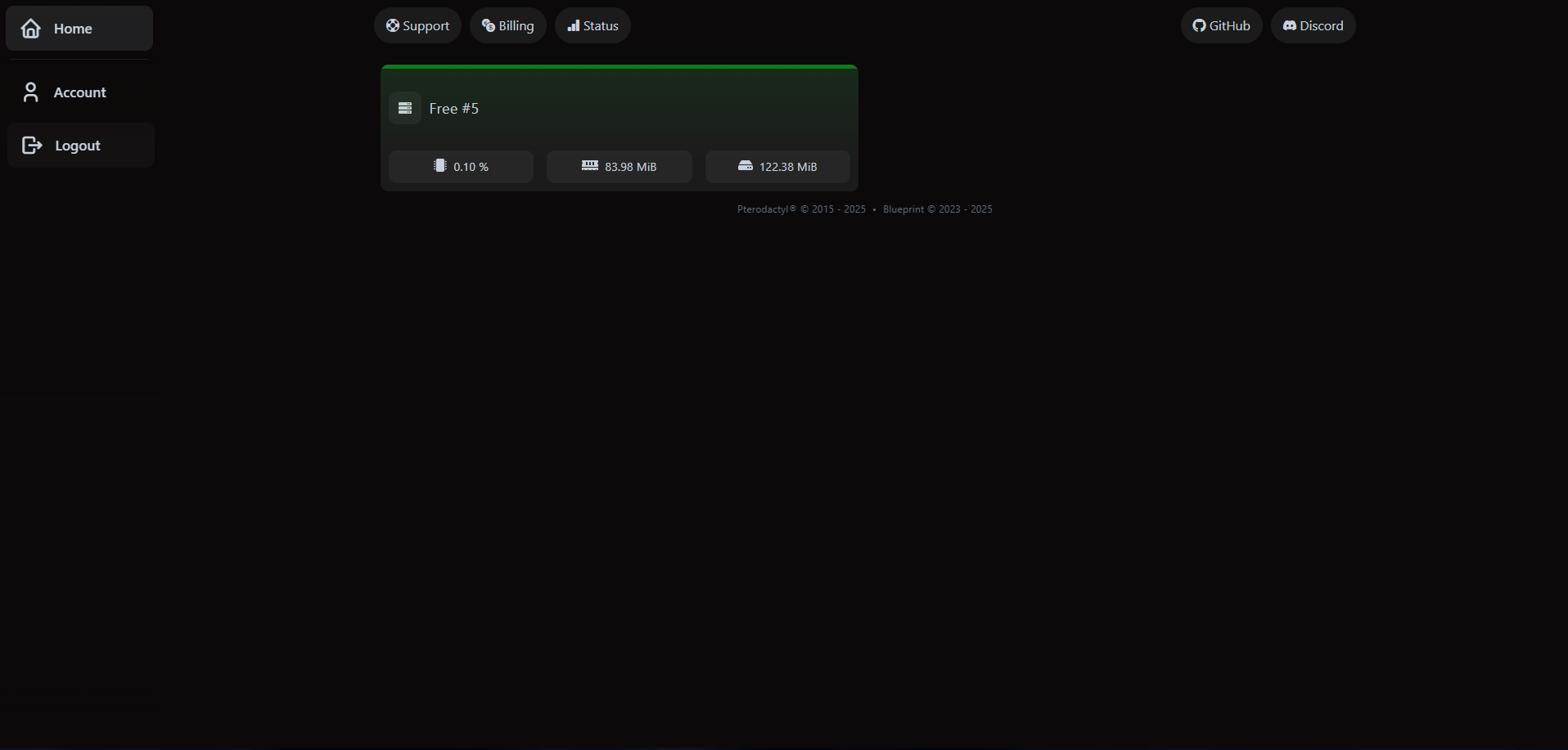 VaultScope control panel dashboard showing a newly provisioned server in the server list.