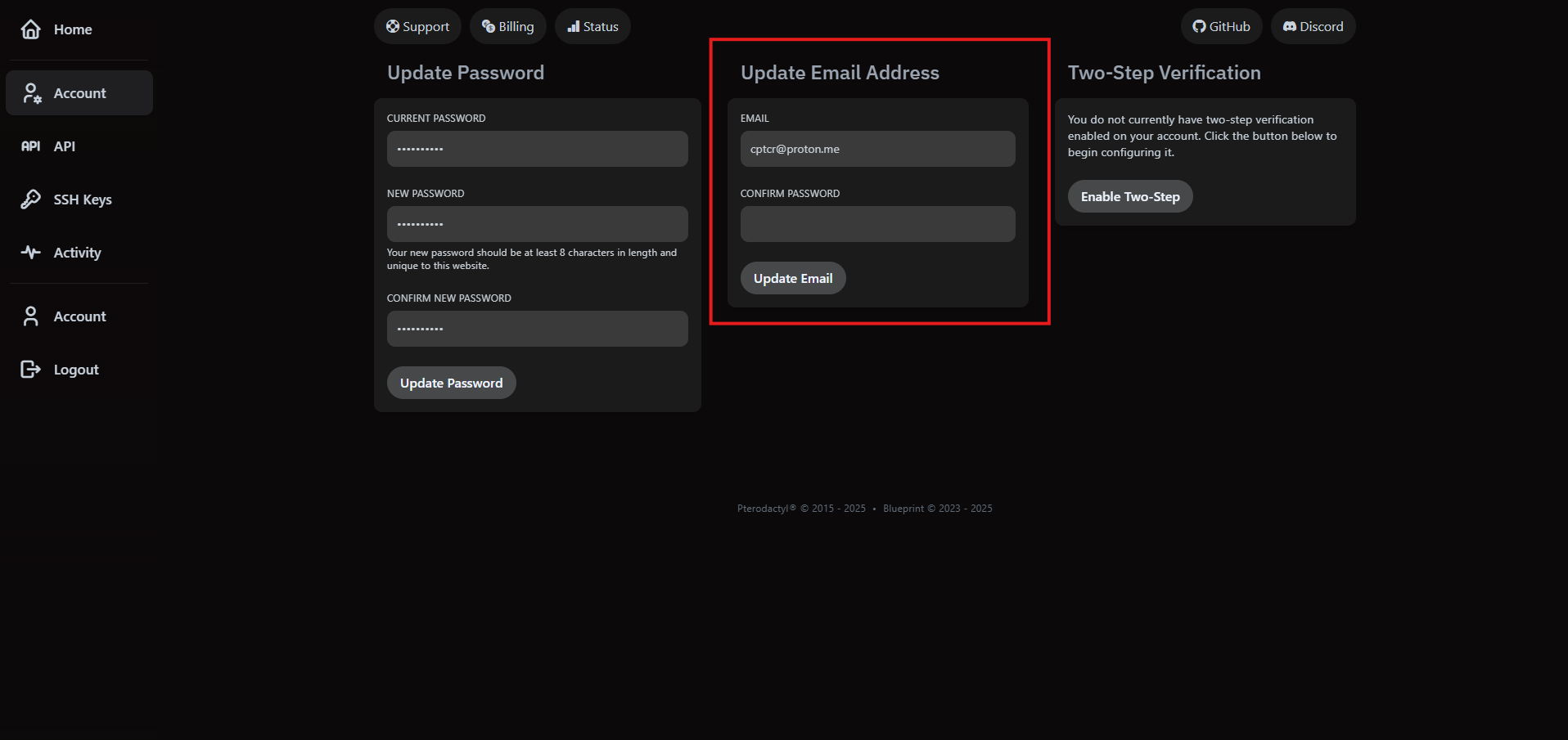 VaultScope account page showing email update options.