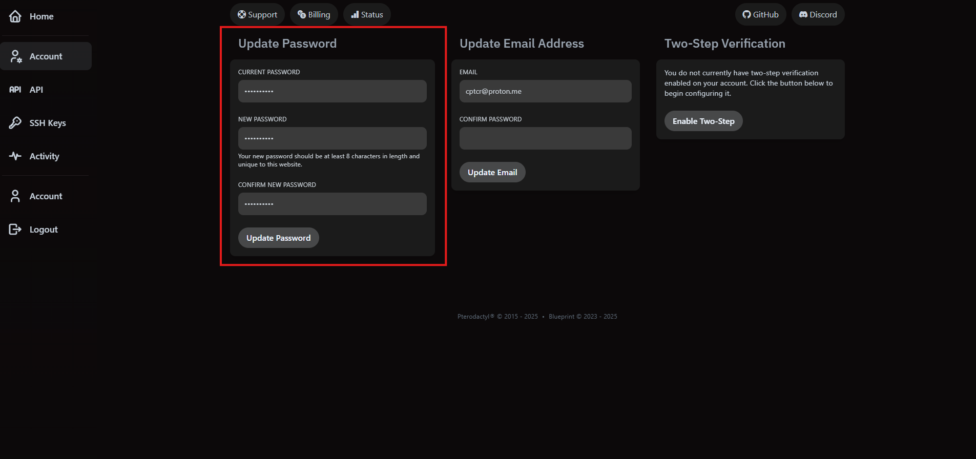 VaultScope account page showing the update password form.
